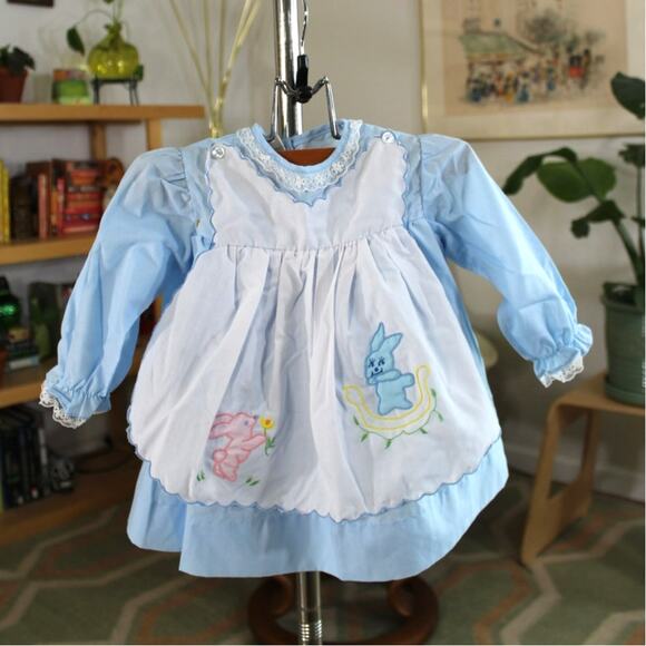 Vintage Baby-Club Pinafore Apron Dress- 80s Cottagecore Bunny Embroidered Easter - Picture 1 of 5